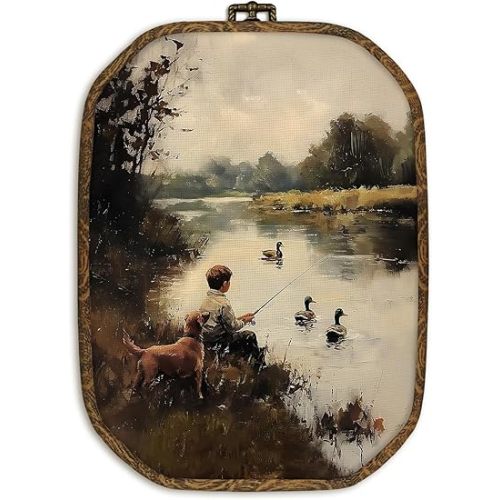 dvhdajed Mallard Duck Boy Fishing Wall Art Decor,Rustic Farmhouse Duck Hunting Framed Canvas Art,Country Dog and Boy Nature Aesthetic Octagon Wall Hanging Decor for Boys Room Bedroom Bathroom,10.2x7