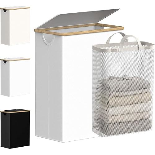 efluky Slim Laundry Basket with Lid, Narrow Laundry Hamper with Removable Bag, Skinny Dirty Clothes Basket with Bamboo Handles for Bathroom, Bedroom & Laundry Room, 65L White