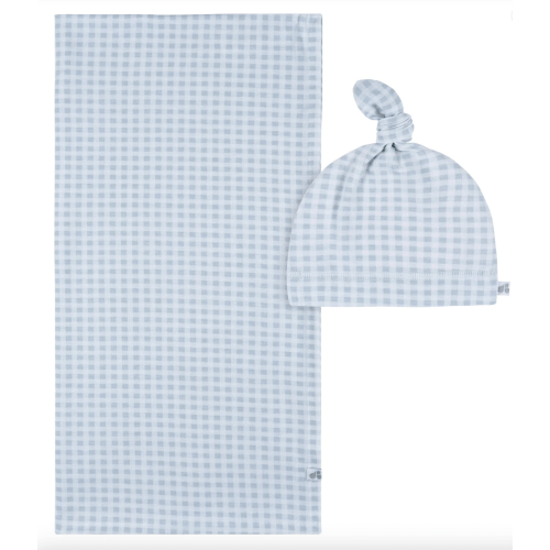 2-Piece Baby Boys Blue Plaid Swaddle Blanket & Hat Set