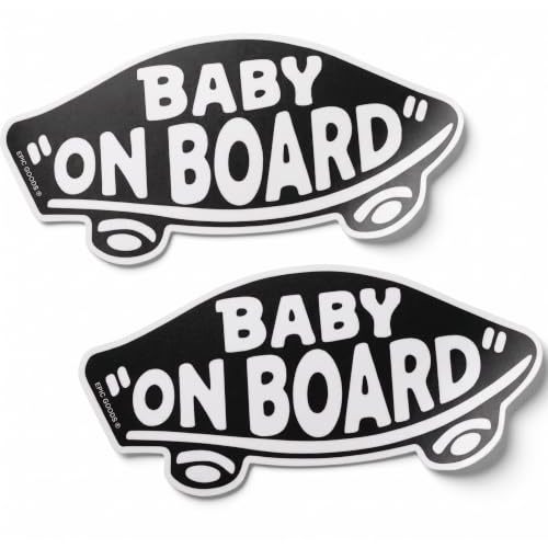 Baby On Board Sticker for Cars, Trucks, Vans [2-Pack] Safety Sign Decal for Kids, Heavy-Duty Waterproof Bumper Sticker - Skateboarding, BMX, Baby Shower Registry Gift (Stickers - Black)