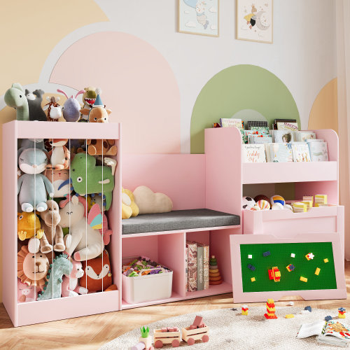 Isabelle & Max™ 31.5''H Kids Bookcase, Toy Storage Organizer with Stuffed Animal Storage, Bench and Removable Cushions, Wooden Toddler Bookshelf with Movable Building Block Drawers & Reviews | Wayfair