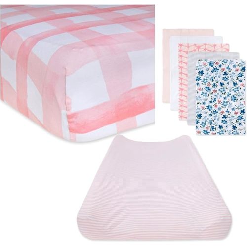 Burt's Bees Baby Unisex Baby Gift Set - Crib Sheet, Changing Pad Cover & Burp Cloths, 100% Organic Cotton Essentials Bundle