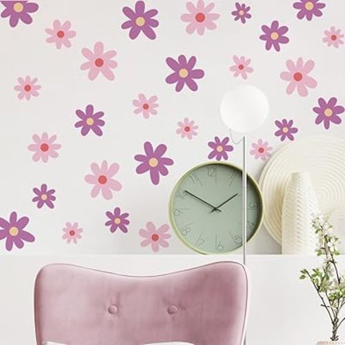 Runtoo Pink Purple Daisy Flower Wall Art Stickers Boho Floral Wall Decals for Nursery, Living Room, Girls Bedroom