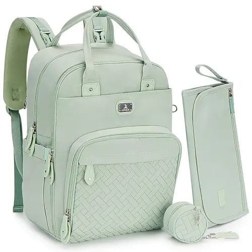 Dikaslon Diaper Bag Backpack with Portable Changing Pad, Pacifier Case and Stroller Straps, Large Unisex Baby Bags for Boys Girls, Multipurpose Travel Back Pack for Moms Dads, Mint Green