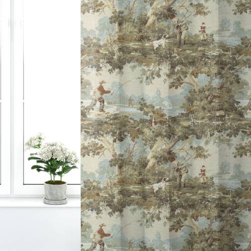 Pinch Pleated Curtain Panels Pair in Avondale Vintage Sportsman Toile- Hunting, Fishing