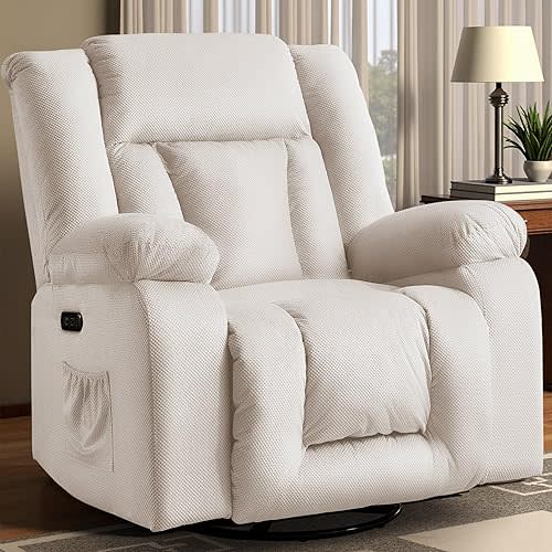 Oversized Power Recliner Chair, Swivel Rocking Chair for Adults, Electric Glider Reclining with Massage and Heating, Waffle Fabric Rocker Recliner with Side Pockets for Living Room, Bedroom