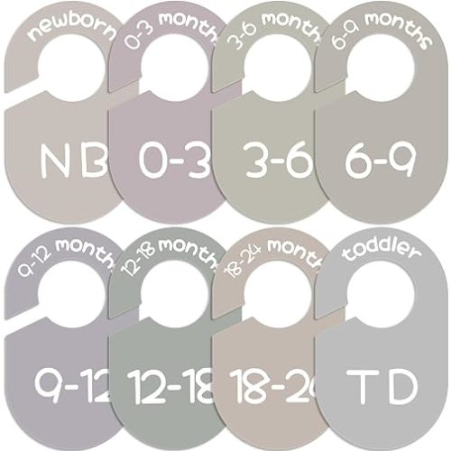 Baby Closet Dividers for Clothes Organizer, 8 Pack Earth Tone Double-Sided Plastic Baby Clothes Size Dividers from Newborn to Toddler, Clear Size Labels, Fits Most Rods, Nursery Closet Décor
