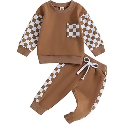 Toddler Baby Boy Fall Outfit Checkerboard Patchwork Long Sleeve Sweatshirts Elastic Waist Pants Cute Newborn Clothes Set