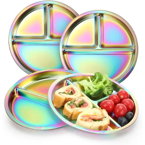 AIEVE Stainless Steel Kids Plates, 4 Pack Round Divided Toddler Plates, Portion Control Plate 9 Inch