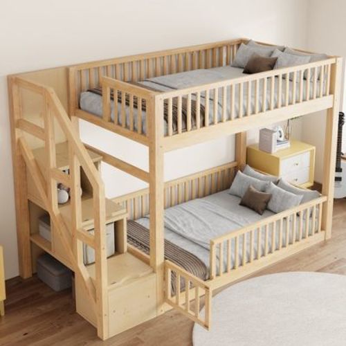 ModernLuxe Twin over Twin Floor Bunk Bed, Wooden Bed Frame with Storage Ladder, Natural