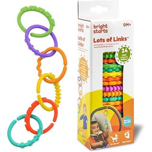 Bright Starts Lots of Links Rings Toys for Stroller or Carrier Seat, BPA-Free, Ages 0 Months Plus, Multicolor, 24 Count