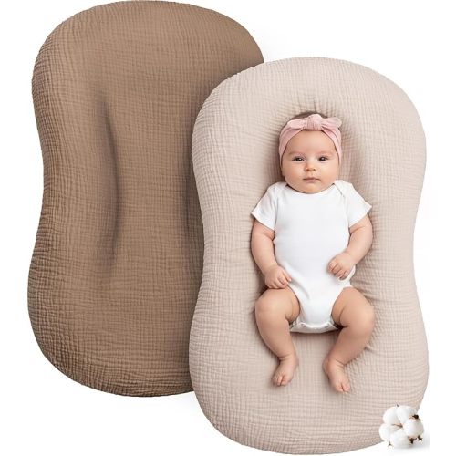 Muslin Baby Lounger Cover 2 Pack, Cotton Soft Breathable Infant Nest Slipcovers, Envelope Closure, Compatible with Snuggle Me Loungers, Machine Washable, Cover Only, for Boys Girls(Brown & Beige)