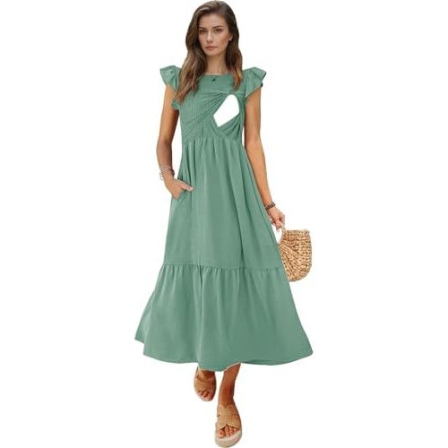 Women's Nursing Dress Flutter Short Sleeve Crew Neck Smocked Elastic Waist Tiered Midi with Pockets