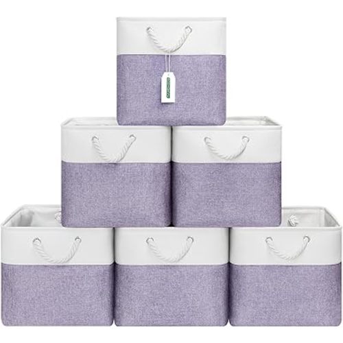 13x13 Inch Cube Storage Bins with Reinforced Bottom Cardboard, 6 Pack Large Foldable Fabric Storage Cubes with Handles for Shelf, Closet, Laundry Organization (White&Purple)