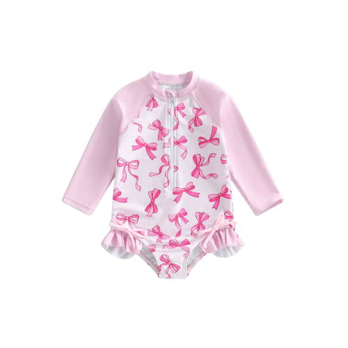 BemeyourBBs Toddler Baby Girl Bow Swimsuit Infant Girl Bathing Suit One Piece Swimsuits Long Sleeve Rash Guard Swimwear Zipper Summer Beach Wear