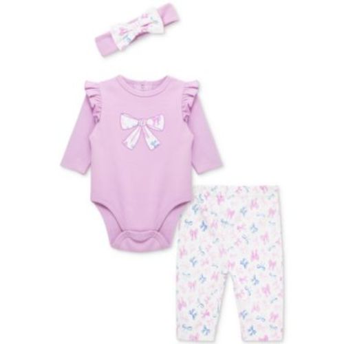 Baby Girls Pretty Bows Cotton Headband, Bodysuit & Pants Set