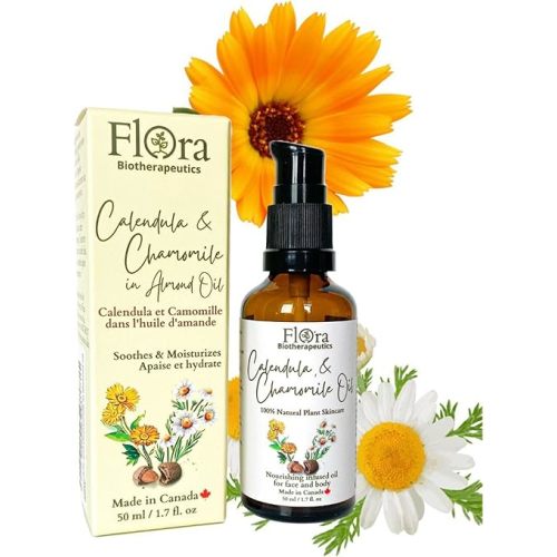FLORA Organic Calendula & Chamomile Infused in Organic Sweet Almond Oil 100% Pure & Natural Moisturizer for Dry Skin. Revitalize & Protect. 1.7fl oz. Made in Canada