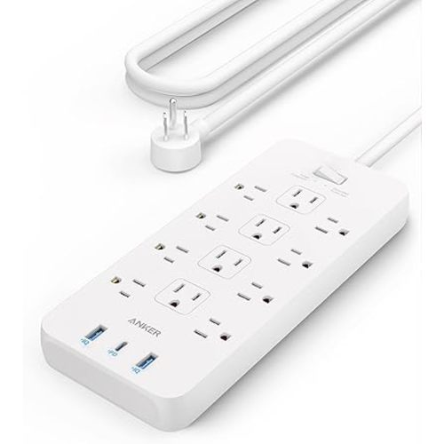 Anker Power Strip with 3 USB Ports, Surge Protector (2100J-5ft), 12 Outlets with 2 USB-A Ports and 1 USB-C Port,Flat Plug, Works with iPhone 16/16 Plus/16 Pro/16 Pro Max,for Home,Office, TUV Listed
