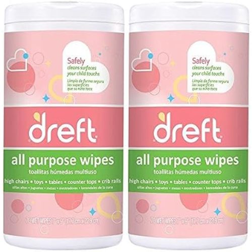Dreft Multi-Surface All-Purpose Gentle Cleaning Wipes for Baby Toys, Car Seat, High Chair & More, 70 Count, Pack of 2