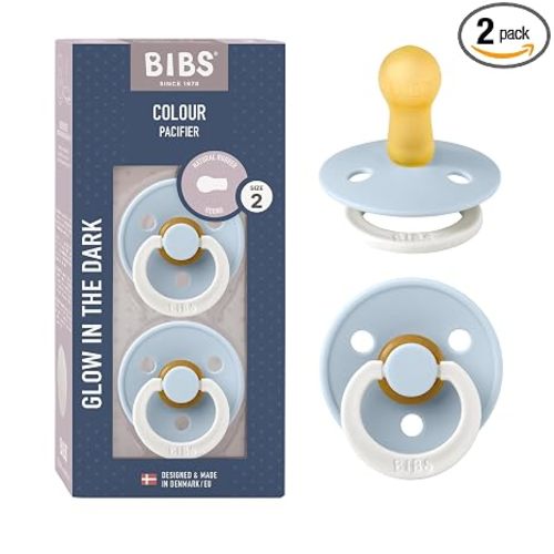 BIBS Pacifiers Colour Collection, Set of 2 BPA-Free Baby Pacifiers with Round Natural Latex Nipple, Made in Europe, 6+ Months (Pack of 2), Baby Blue Night