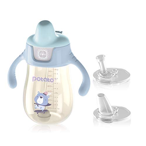 POTATO Sippy Cups for Toddlers with Straw Spill Proof, PPSU Learner Cup with Handle for Boy, Water Bottle for Baby 6 Months with 2 Type of Spout, 10 Ounce Blue