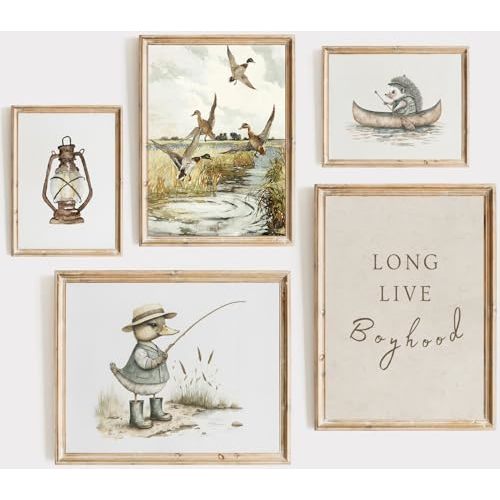 ONEOLTN 5Pcs Vintage Nursery Wall Art Mallard Duck Pictures Rustic Poster Fishing Hunting Nursery Canvas Prints Long Live Boyhood Phrase Wall Decor for Kids Children Boy Bedroom 8x10x5 In Unframed