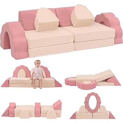 10-Piece Mini Kids Play Couch, Modular Flower Foam Sofa for Toddlers, Convertible Soft Play Sofa with Washable Cover, Indoor Climbing Furniture for Nursery & Playroom, Pink & Beige