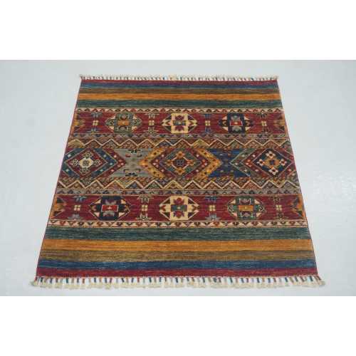 Handmade Afghan Wool Rug – Red Tribal Square Carpet (3'3"x3'4")