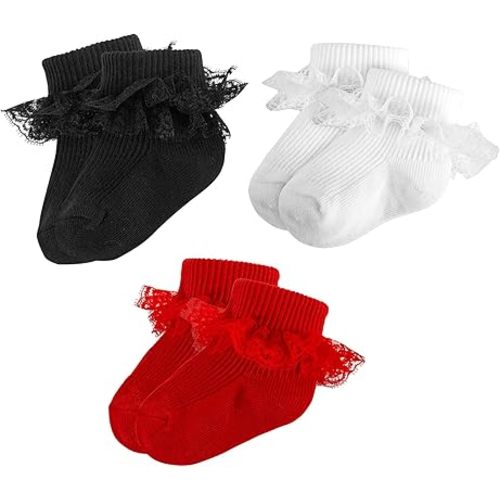 Baby Girl Ruffle Socks Eyelet Double Lace Turn Cuff Ankle Frilly Dress Socks for Newborn/Infant/Toddler/Little Kids