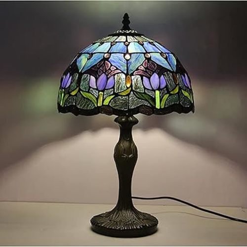 Tiffany Style Table Lamp Stained Glass Lamp Shade Purple Tulip Flower Reading Desk Light 12 Inches for Bedroom Study Living Room Office