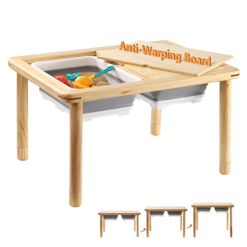FUNLIO Wooden Sensory Table for Toddlers 1-5, Height-Adjustable with Anti-Warping Plywood Lid, Indoor/Outdoor Play Sand and Water Table, CPC Certified