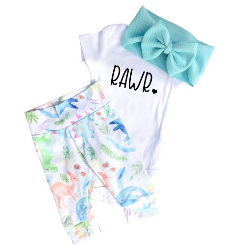 Dinosaur Baby Leggings Set: Dino Pants, Bow & Rawr Bodysuit