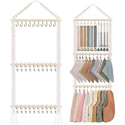 POVETIRE Pacifier Clip Holder Baby Bibs Organizer, Neutral Baby Bandana Drool Bibs Holder - Baby Burp Cloths Organizer Storage Hanging Wall Decor for Nursery Newborn Infant Girls and Boys Room