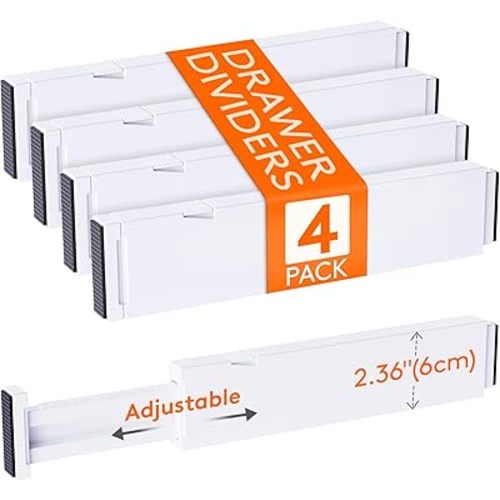 Lifewit 4 Pack 2.36" High Drawer Dividers 28-43.5cm/11-17" Adjustable Drawer Organizer for Clothes/Utensils, Expandable Drawer Separator in Dresser/Kitchen/Bedroom/Office Organization & Storage White