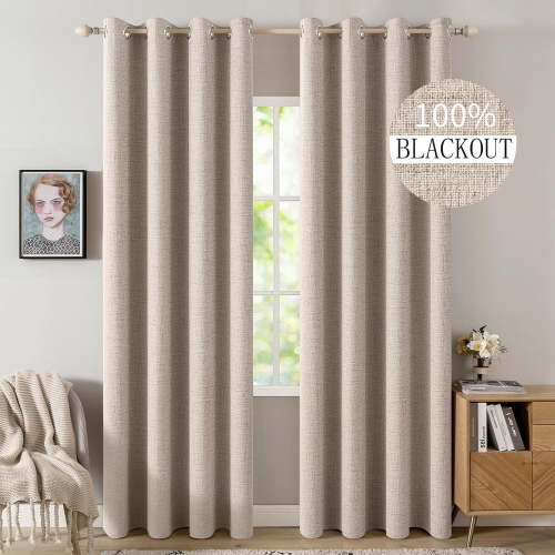 MIULEE 100% Blackout Linen Textured Curtains for Bedroom Solid Thermal Insulated Natural Beige Grommet Room Darkening & Drapes Luxury Decor Living Nursery 52 x 84 Inch (2 Panels)