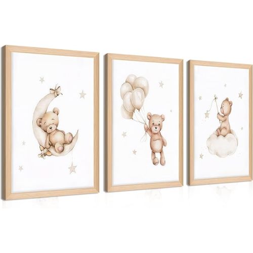 Framed Teddy Bear Wall Art Nursery Decor Set of 3, Bear Sleeping on The Moon and Stars Pictures Canvas, Neutral Bears Poster Prints Wall Decor for Kids Baby Room Girls Children Room – 12x16 inch