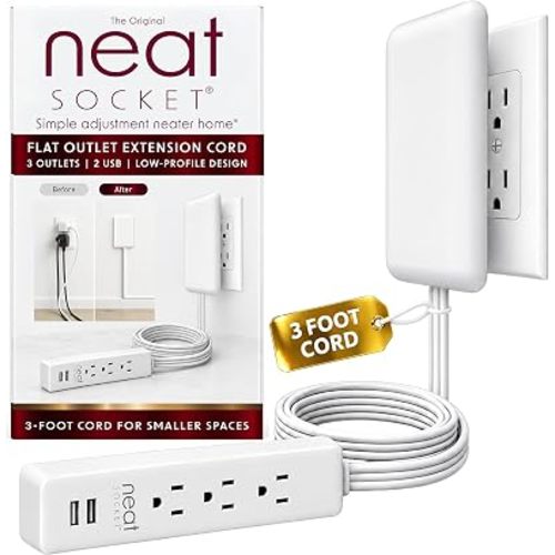 3ft Flat Extension Cord with USB Ports – Ultra Thin Flat Plug Extension Cord with 3 Outlets, 2 USB – Flat Outlet Extender – Universal Size Flat Plug Power Strip, Child & Pet Safe
