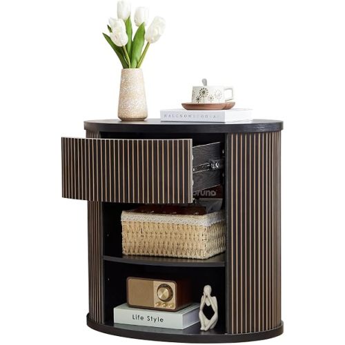 Fluted Round End Table with Storage, Mid Century Modern Side Table with Drawer and Open Shelf, Small Night Stand Table for Dorm, Bedroom, Sofa Side Table for Living Room - Black
