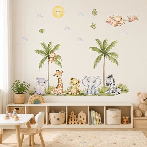 56.29 x 44.88 Inch Watercolor Animal Wall Decals Jungle Animal Stickers Tiger Elephant Zebra Giraffe Monkey Hippo Wall Stickers for Baby Nursery Bedroom Classroom Kindergarten Wall Decor