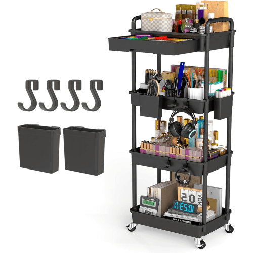 LLMRR 4 Tier Rolling Utility Cart with Drawer, Cart with Drawer & Handle, Bathroom Cart Organizer, Rolling Storage Cart with Drawer, Rolling Cart with Lockable Wheels for Kitchen, Office, Black