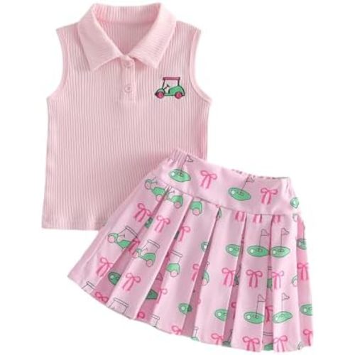 Toddler Baby Girl Golf Outfit Golf Sleeveless Polo T-shirt Tops Pleated Mini Skirt Set Cute Girl Summer Clothes
