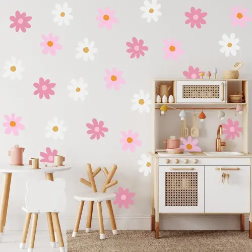 BBTO Daisy Wall Decal Flower Vinyl Wall Floral Decals Peel and Stick Daisy Stickers for Kids Nursery Art Bedroom Living Room(Pink, White)
