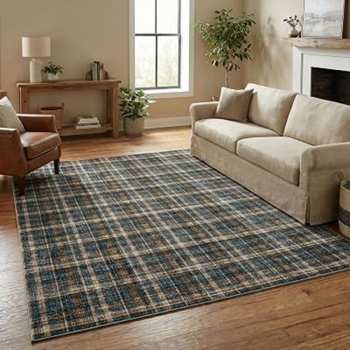 Area Rugs 6x9 Washable Living Room Rug Non Slip Plaid Distressed Carpet Modern Checkered Soft Low Pile Floor Cover Non-Shedding Thin Foldable Indoor Rugs for Bedroom Nursery Black Brown