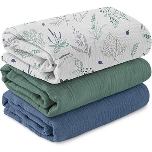 Muslin Swaddle Blankets for Newborn, 3 Pack Breathable Soft Receiving Blanket, Large 38 x 40 inches Swaddle Wrap Burping Clothes Diapers, Essentials Infant Shower Items, Toddler Gift (Fawn & Leaves)