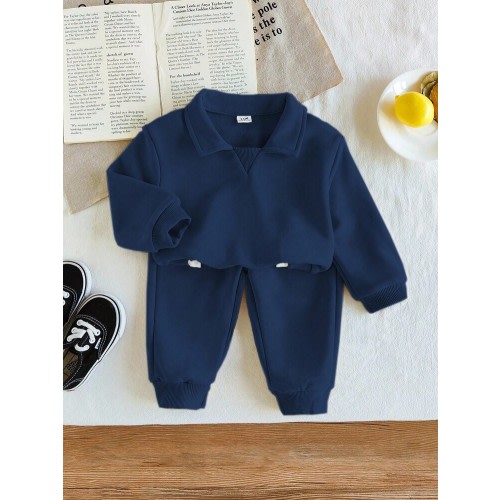 SHEIN 2pcs Baby Boy Toddler 0-3 Years Old Casual Oatmeal Polo Collar Sweatshirt + Pants Set, Comfortable Everyday Outfit For Infants Baby Boy Fall Outfit Dark Blue Baby Boy Outfit Warm Jumpsuit For Baby Boy Baby Boy Suit Navy Blue | SHEIN USA