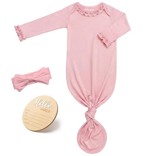 Newborn Knotted Gown for Baby Girls with Ruffle Neck & Sleeves, Infant Sleepers Gown with Bow Headband & Announcement Sign