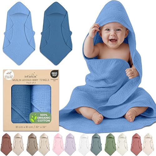 100% Organic Cotton Muslin Baby Hooded Towels 32x32 Inch – 2 Pack Soft & Absorbent Baby Towels with Hood for Boys & Girls, Premium Hooded Towels, Gentle Baby Essentials in Deep Blue/Aquarius