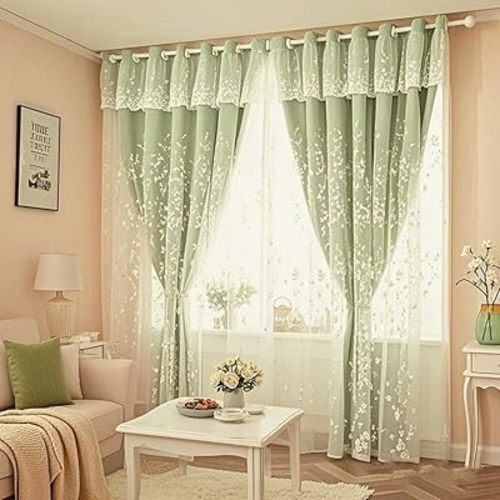 Amidoudou 1 Pair Double Layer Flower Curtains for Girls Room Living Room Pastoral Flowers and Leaf Embroidered Curtains for Bedroom (Green,54x84 Inch)