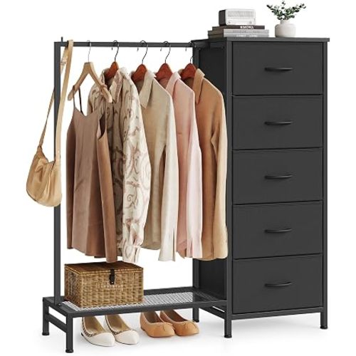 SONGMICS Dresser with Hanging Rod, 5 Fabric Drawers, Bottom Shelf
