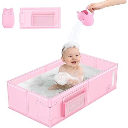 Baby Bathtub, Portable Bathtub with Cat-Patterned Bath Rinse Cup,Foldable Bath Tub for Small Bathroom,Toddler Tub for 6M-5Y,Baby Travel Essentials for Hotel,Camping & Beach